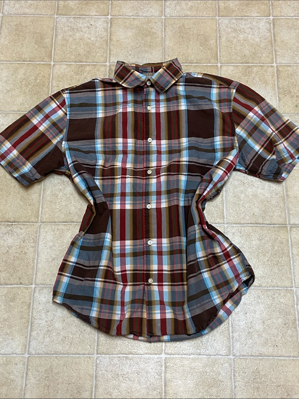 Old Navy Men's Brown Plaid Flat Front Shorts with Blue and Red Accents Size M